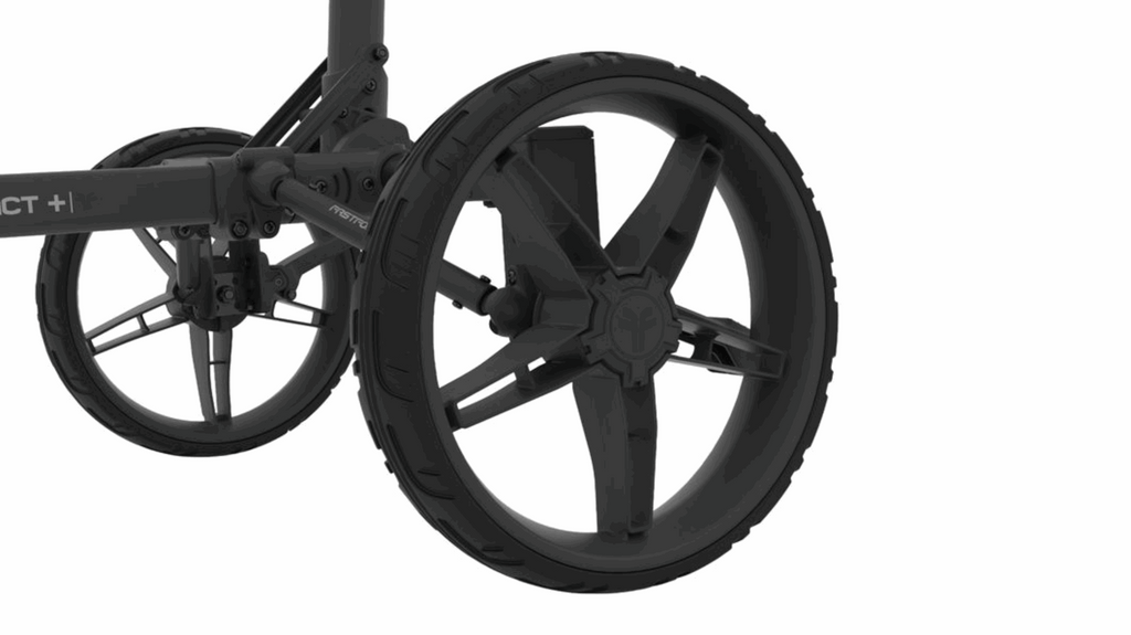 Compacte Thom's Golfgear Fastfold Compact+ golftrolley met inklapbare constructie en stevige wielen, ideaal voor gemakkelijk vervoer op de golfbaan.