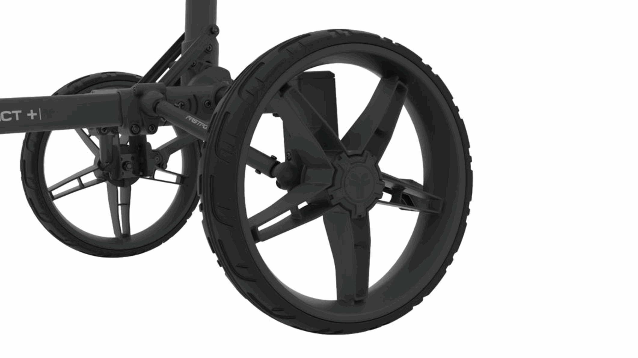 Compacte Thom's Golfgear Fastfold Compact+ golftrolley met inklapbare constructie en stevige wielen, ideaal voor gemakkelijk vervoer op de golfbaan.