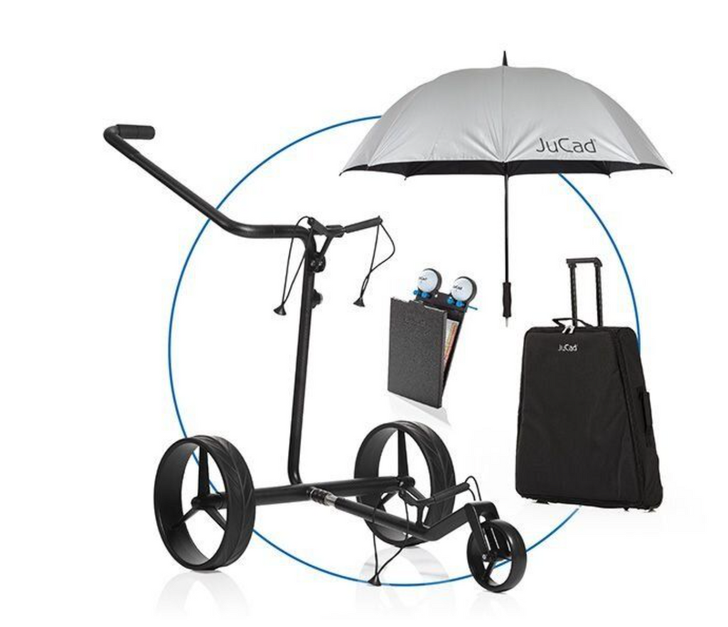 Elektrische golftrolley van Thom's Golfgear, JuCad Carbon Drive Classic 3.0 set met carbon frame en bediening op afstand