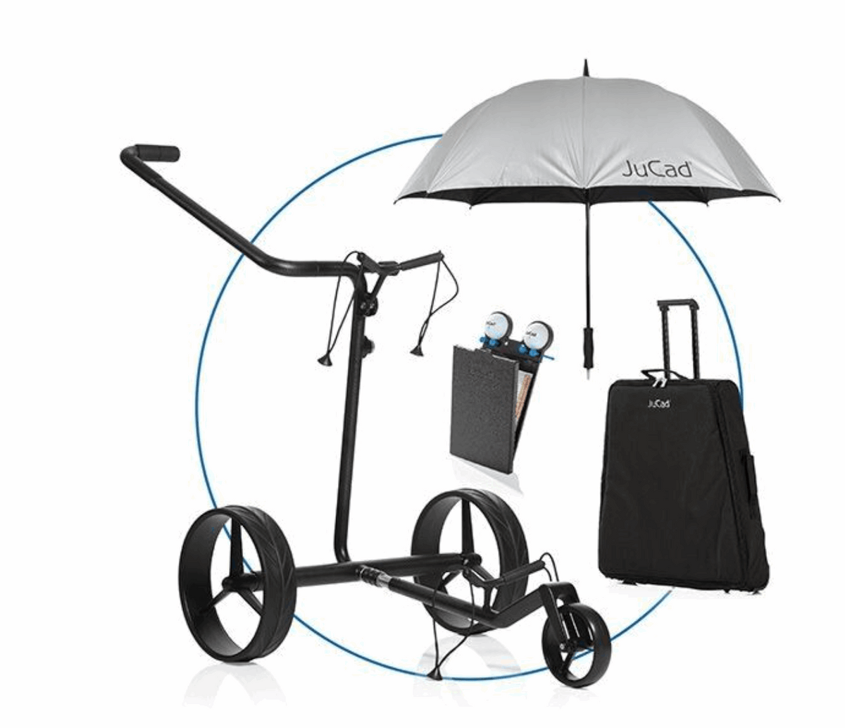 Elektrische golftrolley van Thom's Golfgear, JuCad Carbon Drive Classic 3.0 set met carbon frame en bediening op afstand