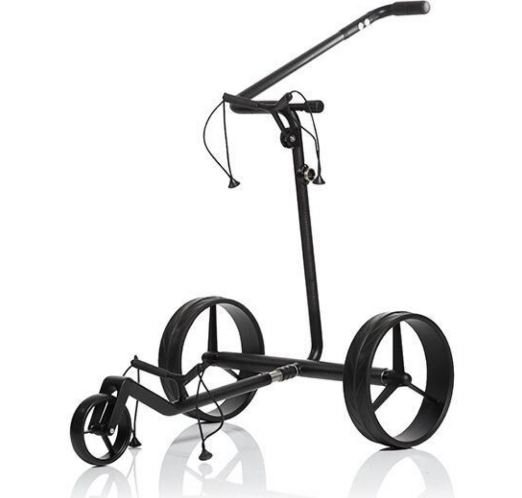 Elektrische golftrolley van JuCad Carbon Drive Classic 3.0, zwart met wit accenten, zichtbaar op het scherm.