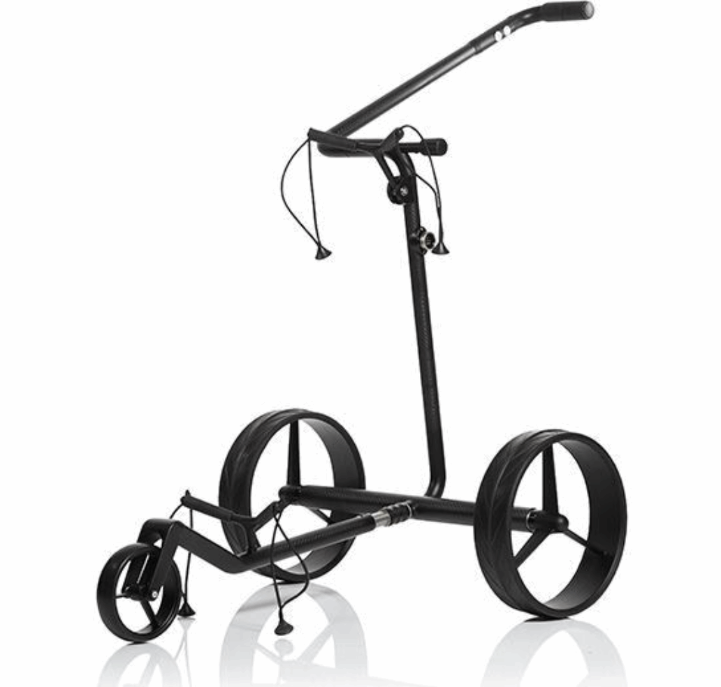 Elektrische golftrolley van JuCad Carbon Drive Classic 3.0, zwart met wit accenten, zichtbaar op het scherm.