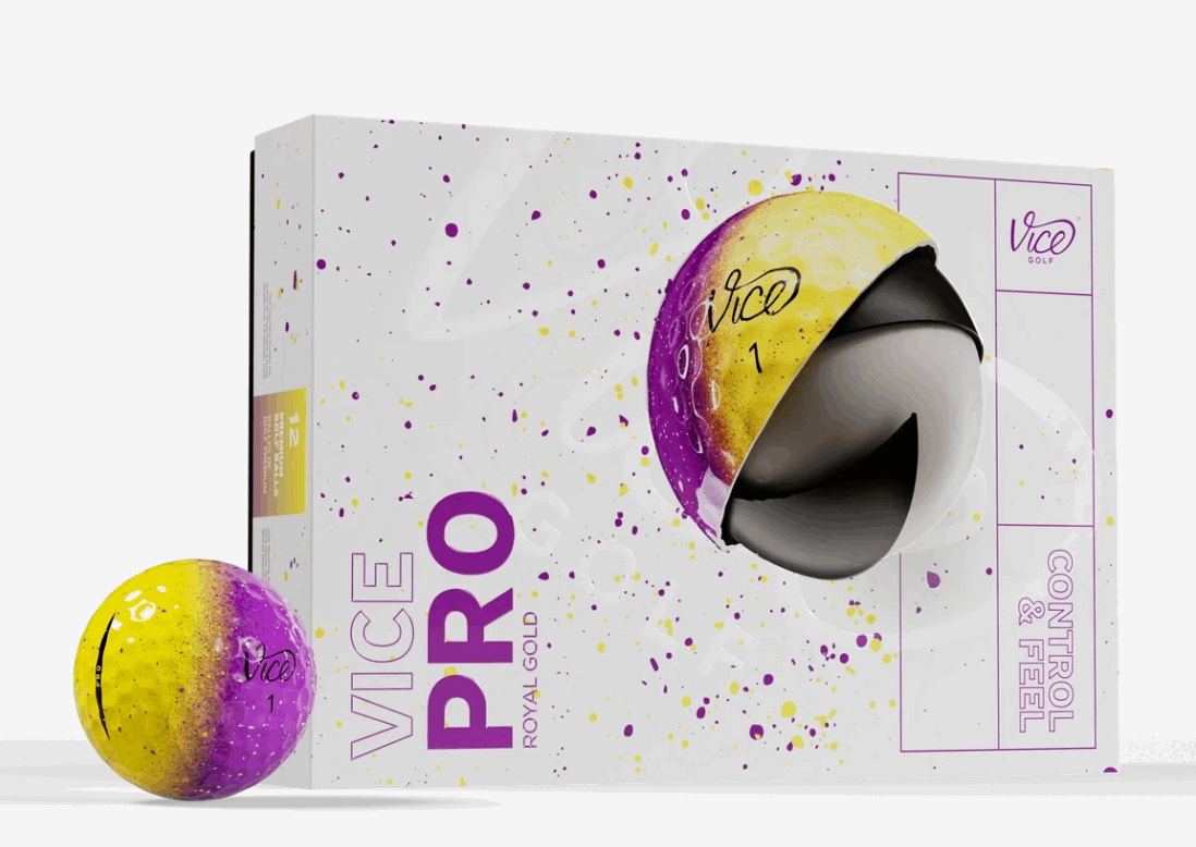 Twaalf Thom's Golfgear Vice Pro Royal Gold golfballen in doos, wit met goudkleurige details, geschikt voor golfers