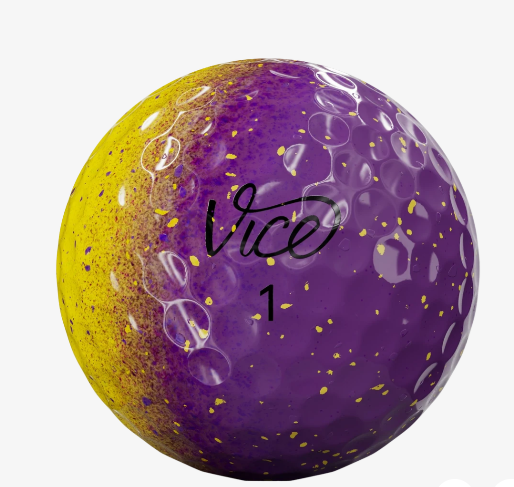 Twaalf Thom's Golfgear Vice Pro Royal Gold golfballen in doos, close-up van de gele en blauwe golfballen met logo.