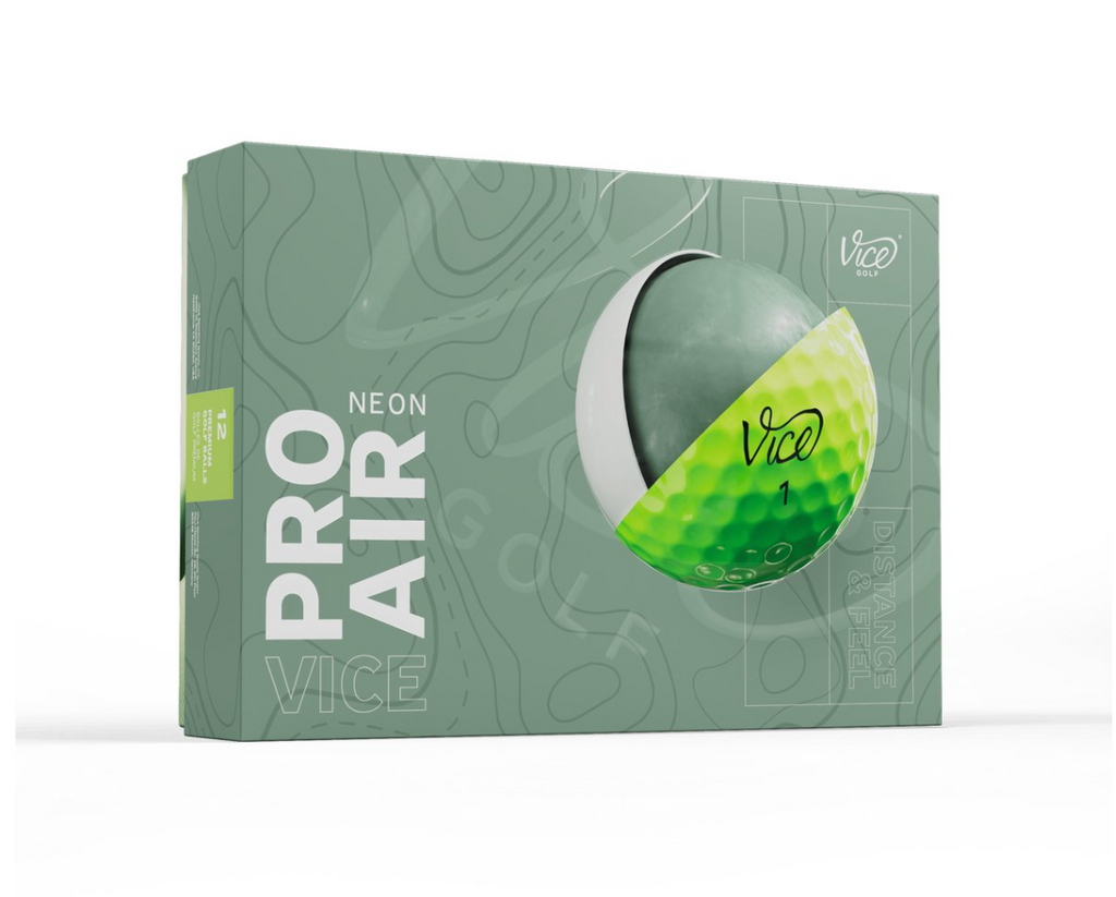 Set van 12 neon groene Thom's Golfgear Vice Pro Air golfballen, duidelijk zichtbaar in de afbeelding.
