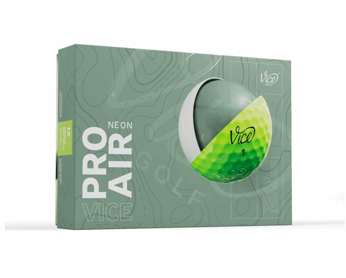 Set van 12 neon groene Thom's Golfgear Vice Pro Air golfballen, duidelijk zichtbaar in de afbeelding.