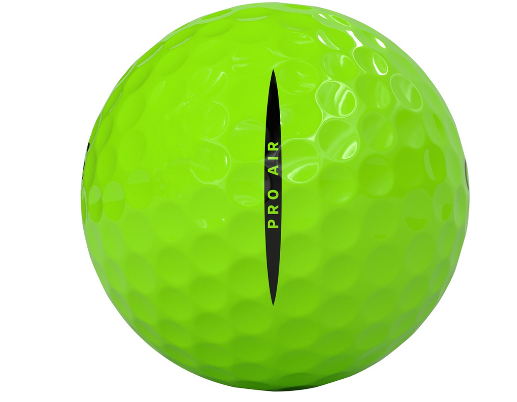 Twaalf neon groene Thom's Golfgear Vice Pro Air golfballen op een witte achtergrond, voor golfspel en training.