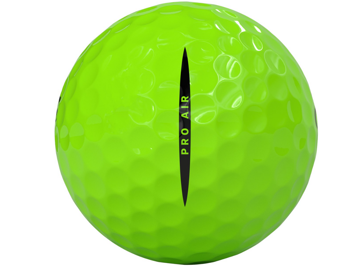Twaalf neon groene Thom's Golfgear Vice Pro Air golfballen op een witte achtergrond, voor golfspel en training.