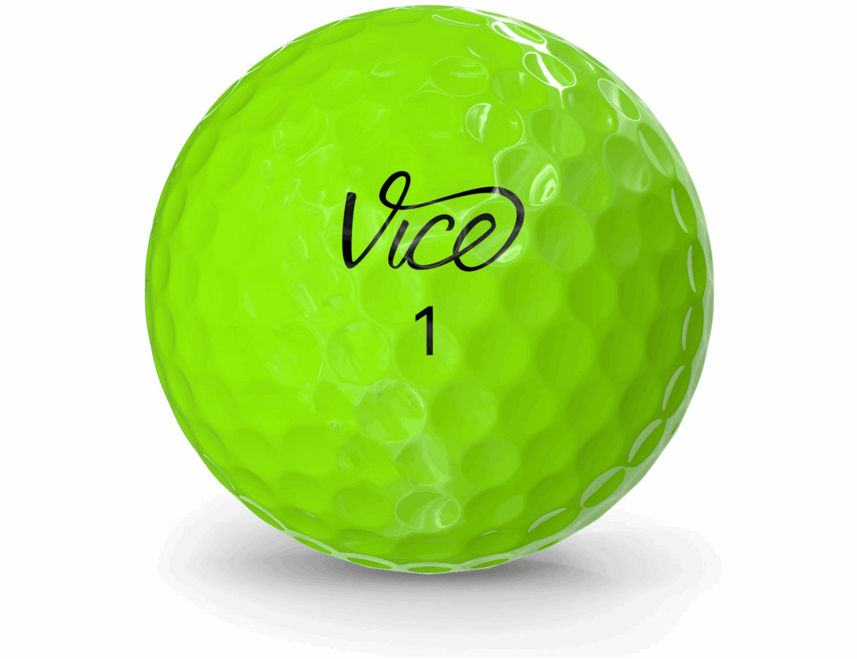 Twaalf Thom's Golfgear Vice Pro Air neon groene golfballen, overzicht van de dozen met 12 stuks voor golfspel.