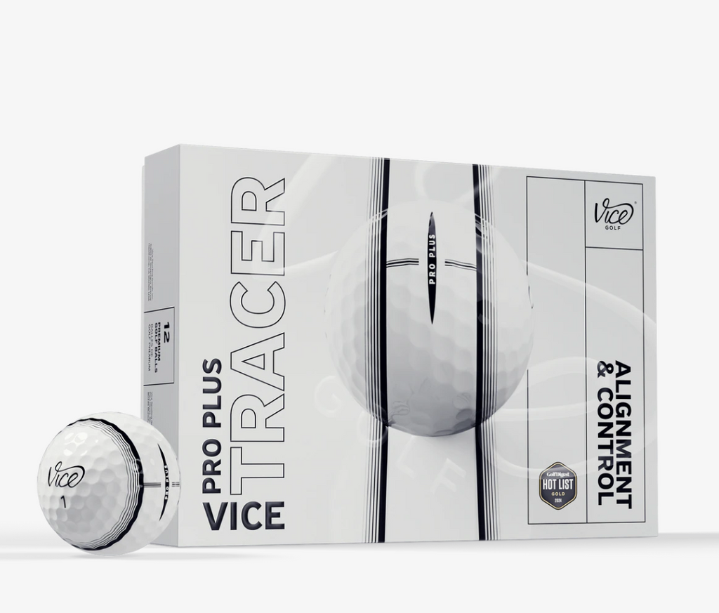Twaalf Thom's Golfgear Vice Pro Plus Tracer golfballen met tracé en opvallende kleuren, geschikt voor golfspel en training.