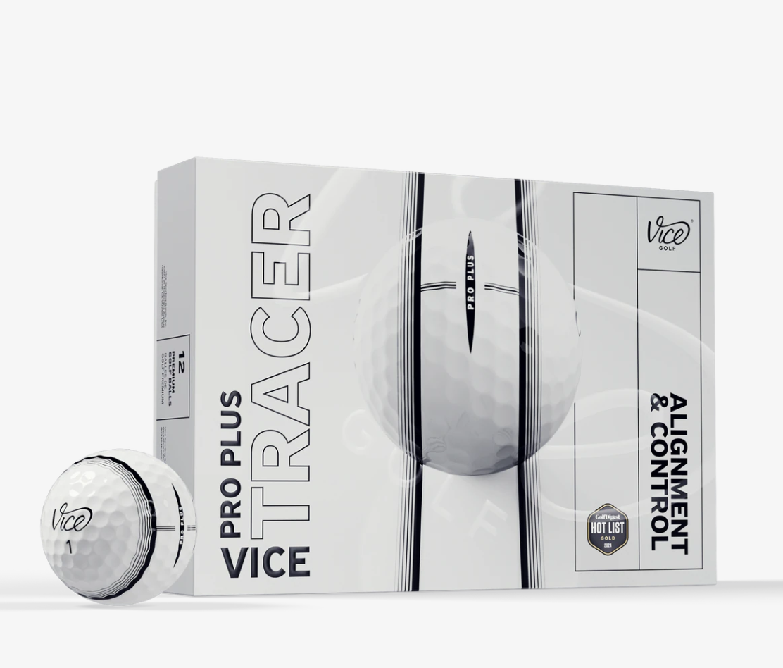 Twaalf Thom's Golfgear Vice Pro Plus Tracer golfballen met tracé en opvallende kleuren, geschikt voor golfspel en training.