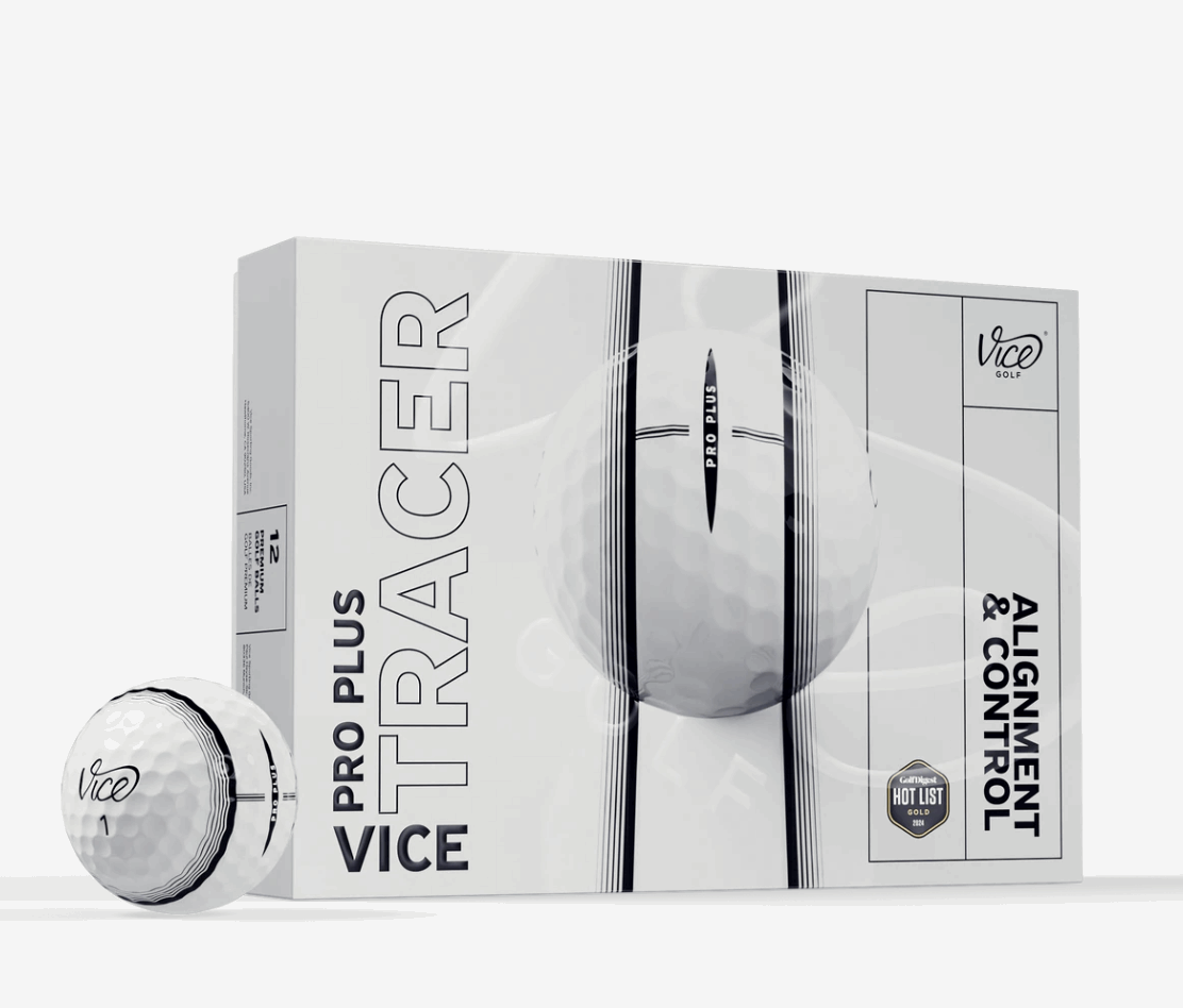 Twaalf Thom's Golfgear Vice Pro Plus Tracer golfballen met tracé en opvallende kleuren, geschikt voor golfspel en training.
