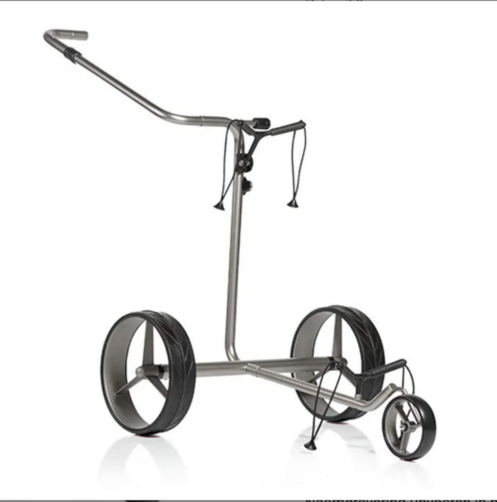 Edelstalen JuCad Drive 3.0 elektrische golftrolley met afstandsbediening en compact ontwerp, geschikt voor comfortabel golfen.