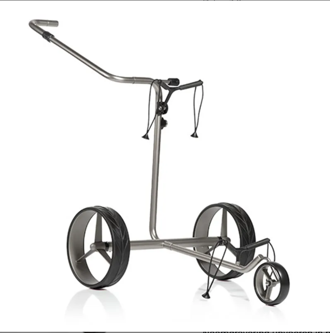 Edelstalen JuCad Drive 3.0 elektrische golftrolley met afstandsbediening en compact ontwerp, geschikt voor comfortabel golfen.