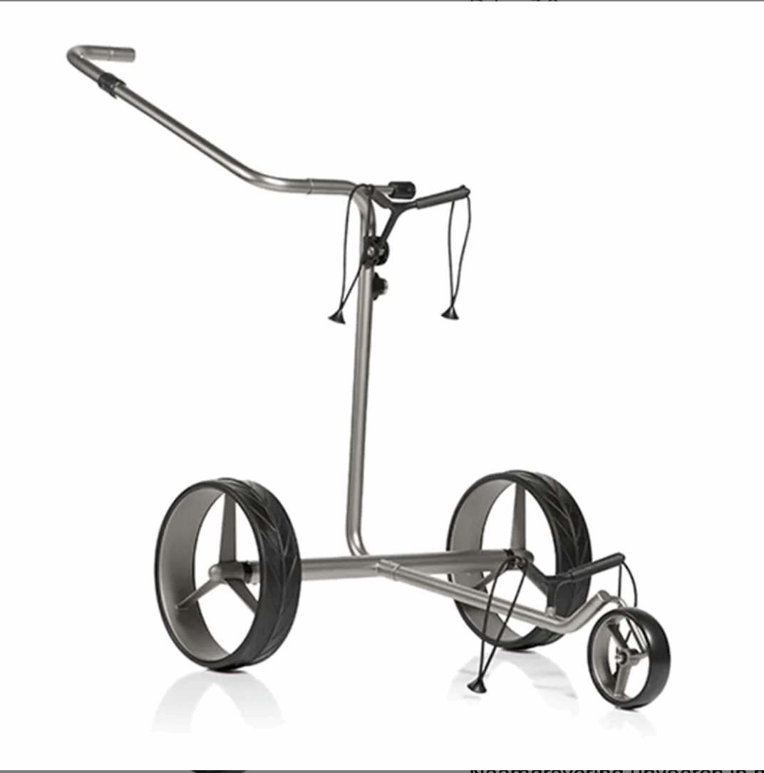 Edelstalen JuCad Drive 3.0 elektrische golftrolley met afstandsbediening en compact ontwerp, geschikt voor comfortabel golfen.