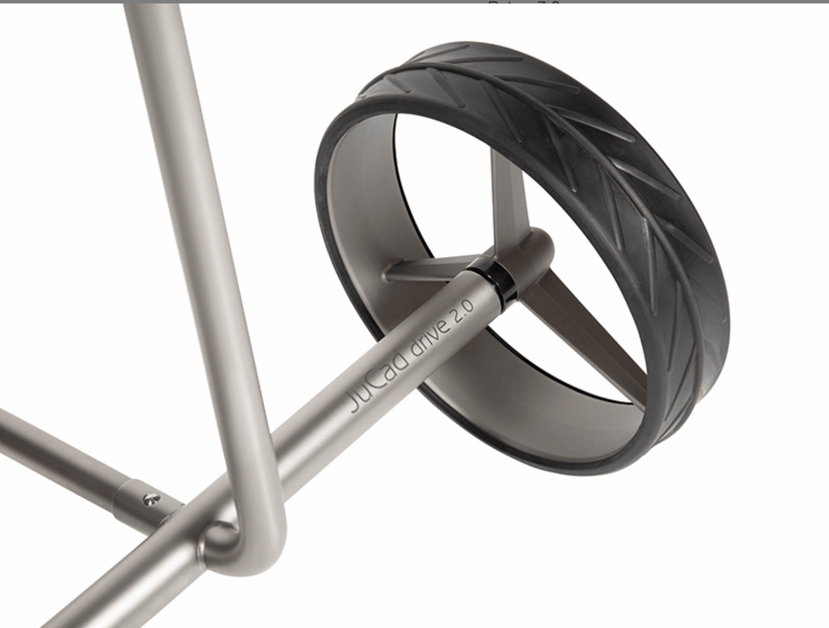 Elektrische golftrolley JuCad Drive Edelstaal 3.0 van Thom's Golfgear, roestvrijstalen frame en bediening op afstand.