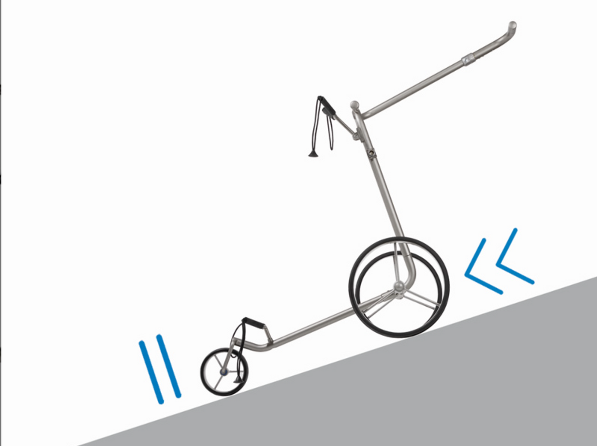 Elektrische golftrolley JuCad Drive Edelstaal 3.0 van Thom's Golfgear, staalkleur en compact ontwerp, zichtbaar op scherm.